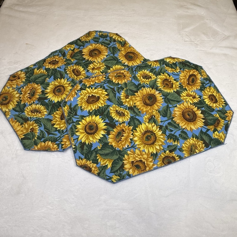 Set of 2 Sunflower Placemats Blue Yellow Floral Fabric 17x23 Farmhouse Decor